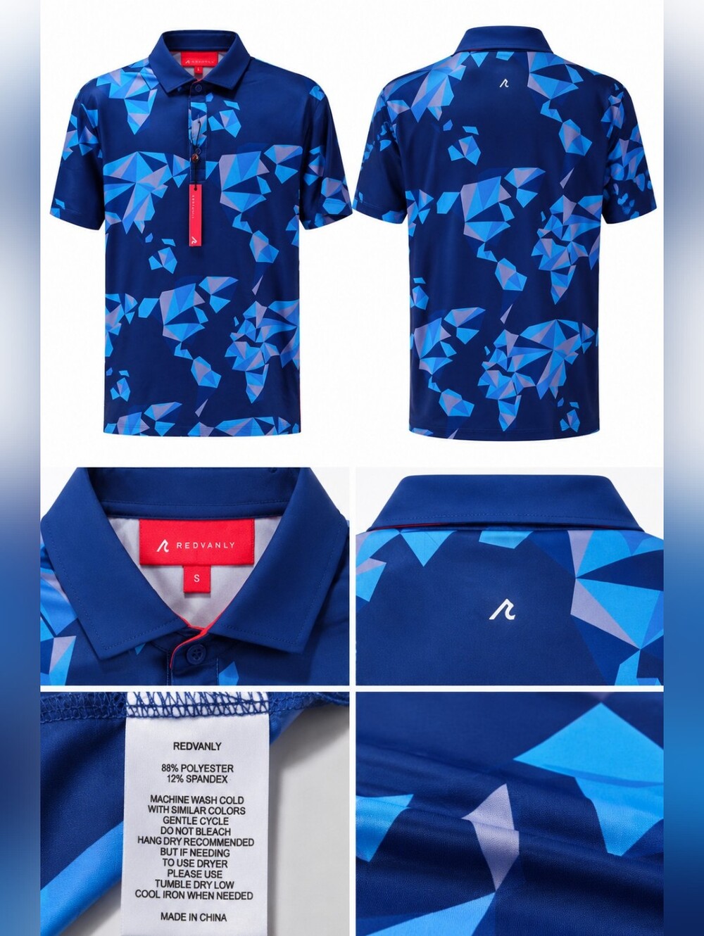 Redvanly Golf Polo Shirt Mens Size S Blue Geometric Print Performance Stretch.